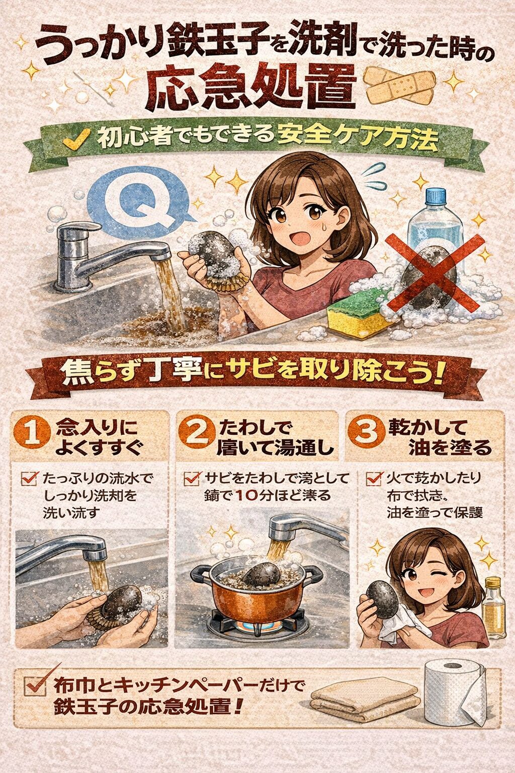 うっかり鉄玉子を洗剤で洗った時の応急処置｜初心者でもできる安全ケア方法