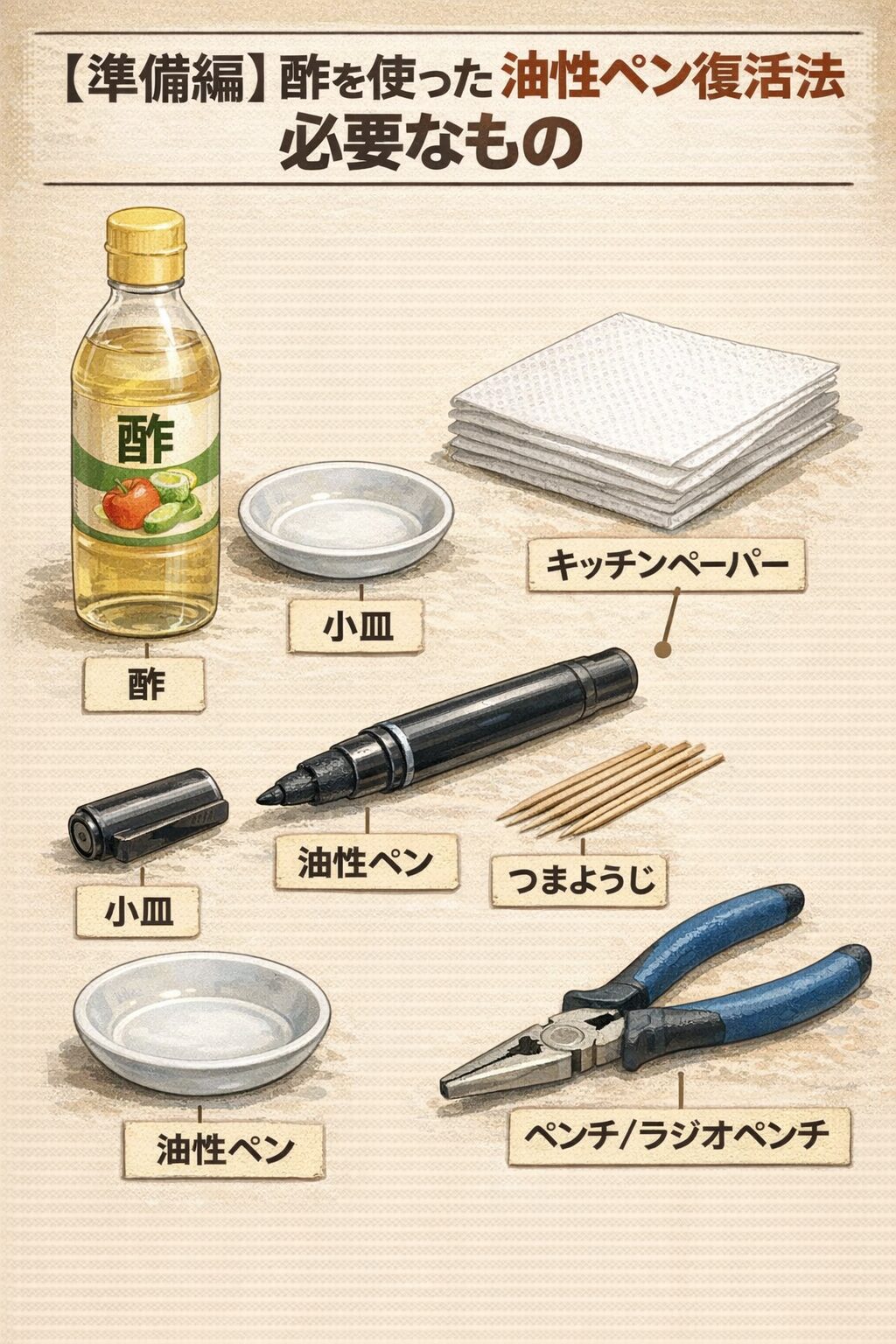 【準備編】酢を使った油性ペン復活法に必要なもの