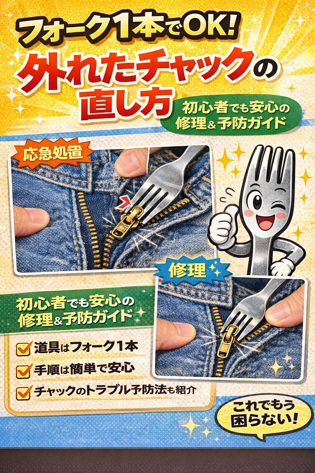 フォーク1本でOK！外れたチャックの直し方｜初心者でも安心の修理＆予防ガイド