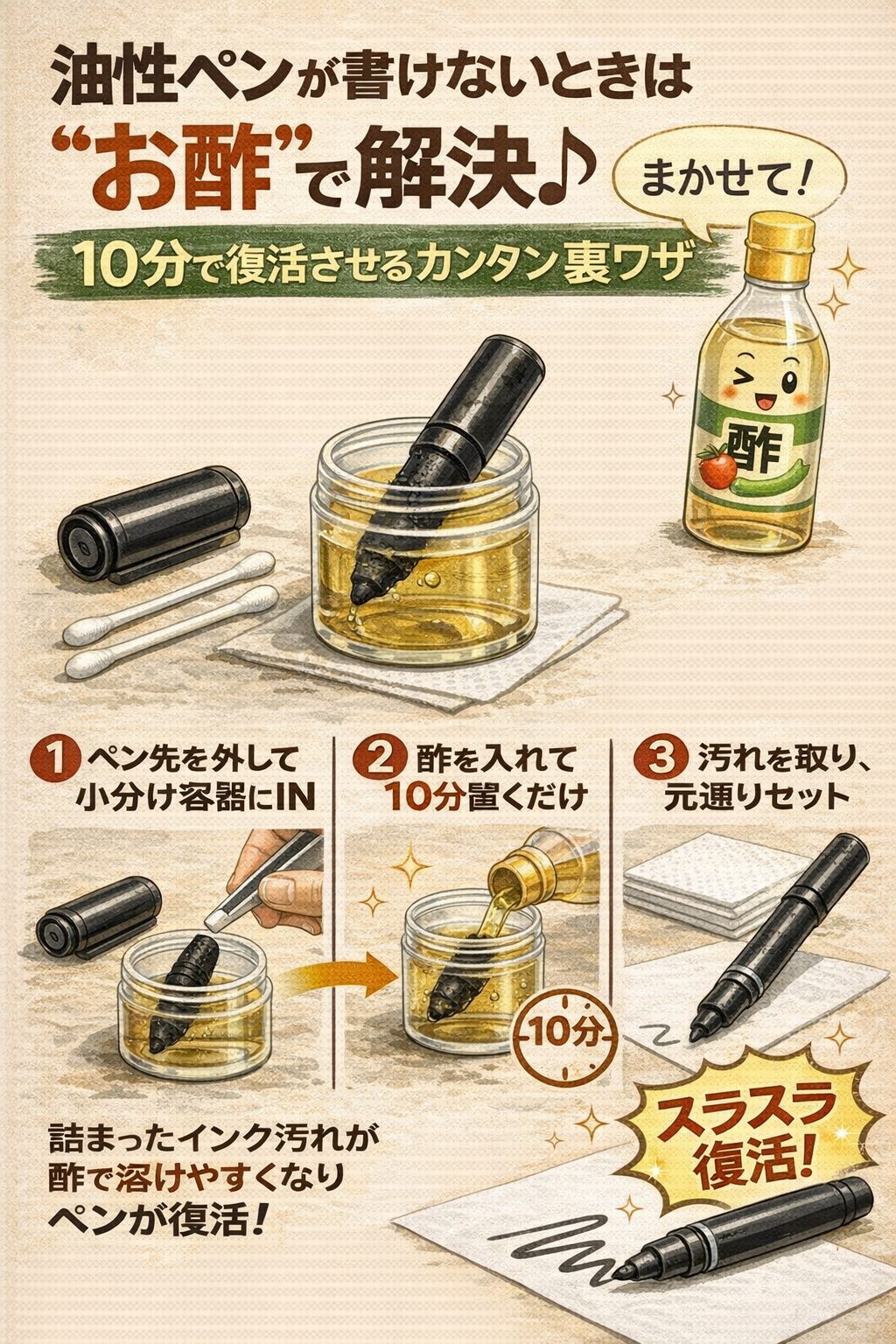 油性ペンが書けないときは“お酢”で解決♪ 10分で復活させるカンタン裏ワザ