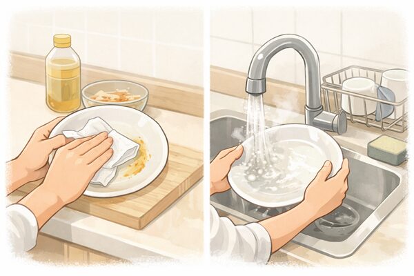 まずは油を拭き取って、お湯で予洗いする考え方が基本