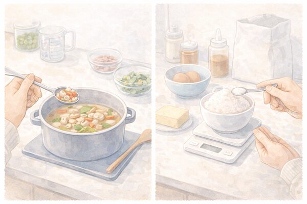 はかりがないときは「食材」と「使う場面」で測り方を選ぶのがコツです