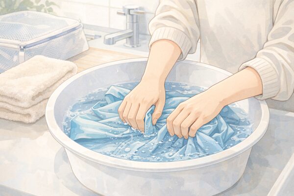 優しく洗う青いレインコート