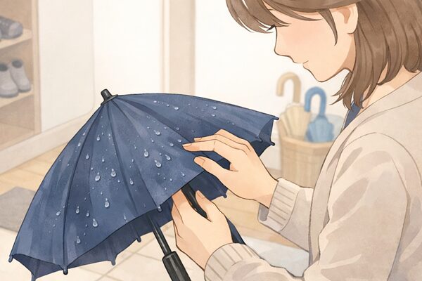 濡れた傘を調べる女性