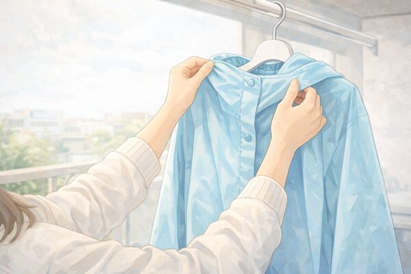雨コートを優しく干す手