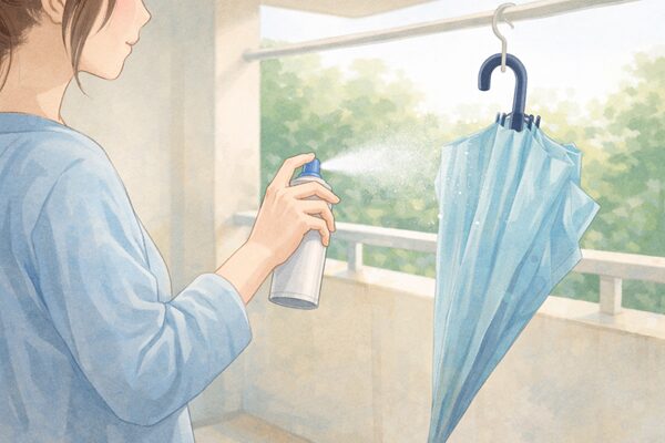 傘の防水スプレーをかける女性