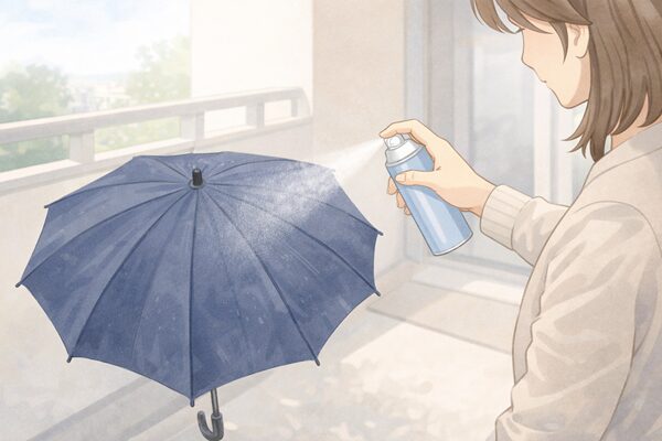 傘の防水スプレーを施す女性